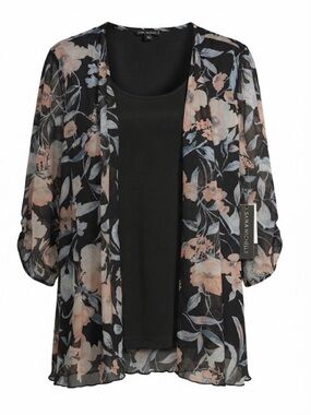 Sarah Michelle Black Floral Layered Look Top with Peach and Light Blue Blooms